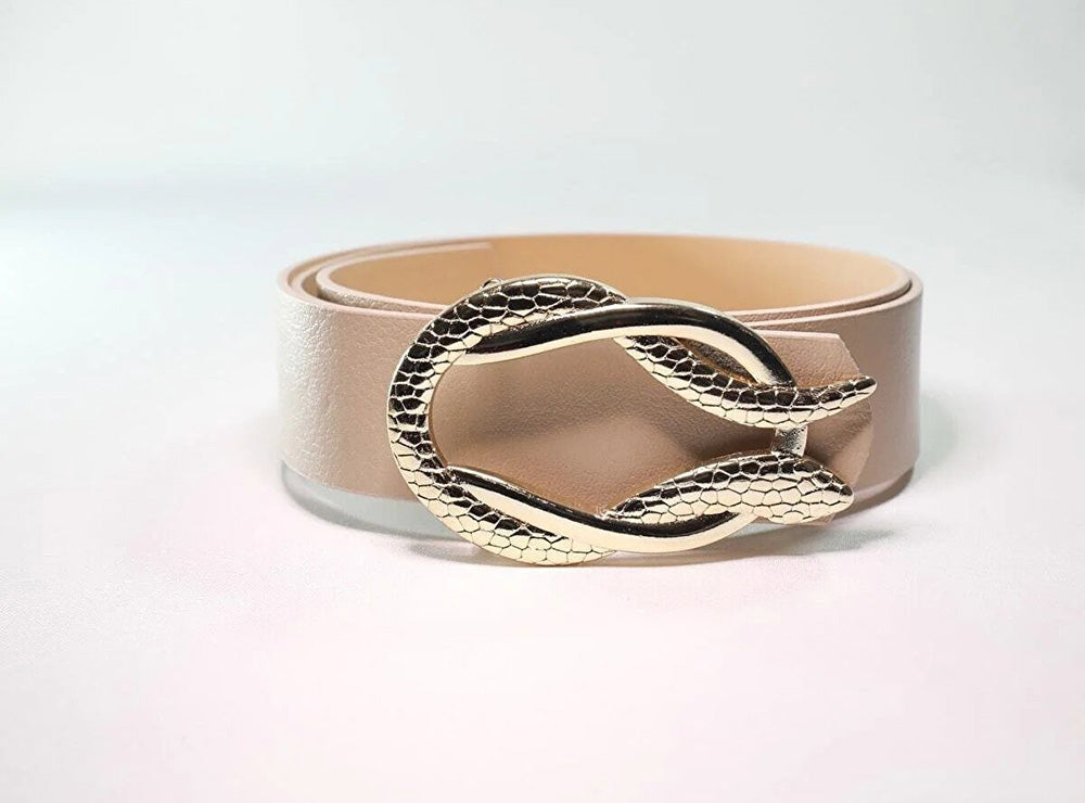 Snake Buckle Belt Beige Leather