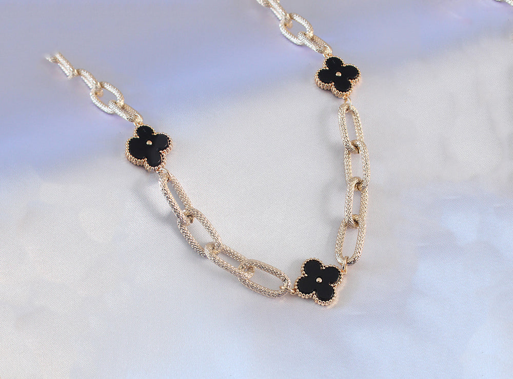 Gold Steel Black Clover Necklace