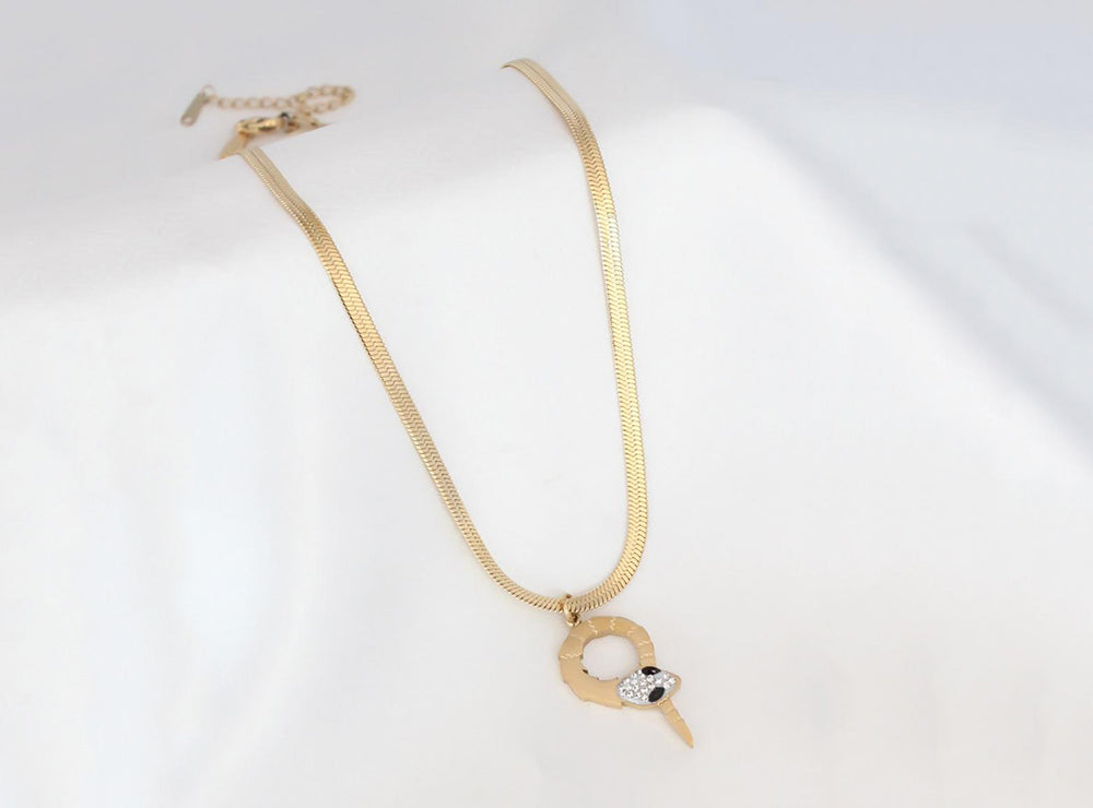 Gold Steel Herringbone Necklace With Snake Charm