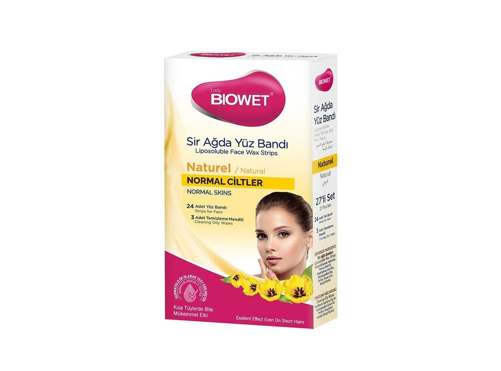Biowet Face Wax Strips Natural For Normal Skins 24 Strips for Face & 3 Cleaning Oily Wipes