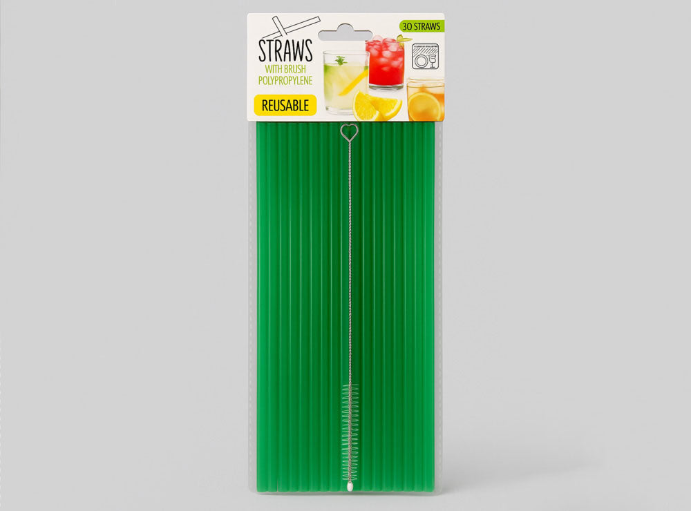 Green Reusable Straws With Brush Pack of 30