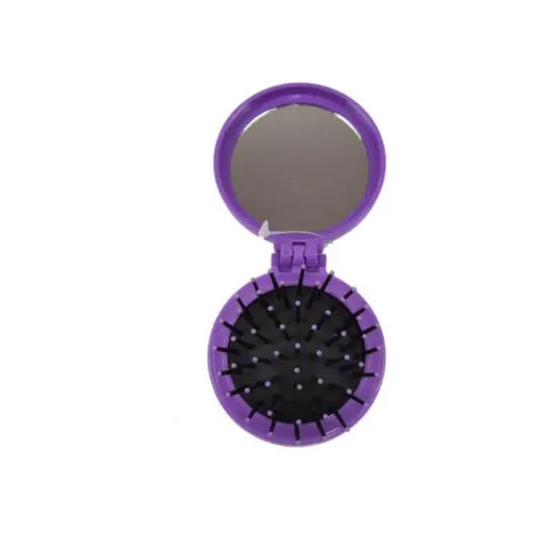 Compact Foldable Hair Brush With Mirror Purple