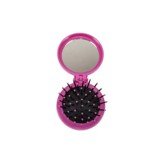 Compact Foldable Hair Brush With Mirror Pink