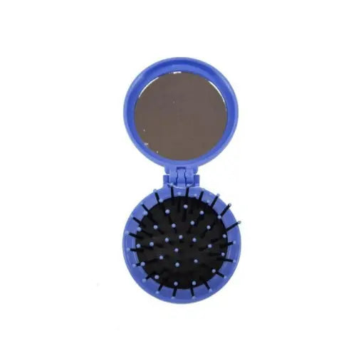 Compact Foldable Hair Brush With Mirror Blue