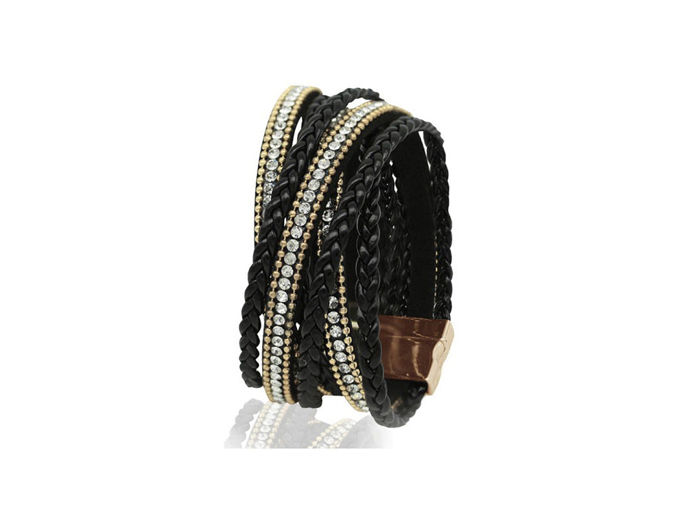 Lily's Style Normal Crystal, Black And Gold Leather Brass Bracelet